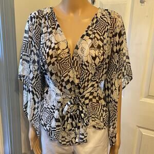 Vintage Edward Silk Kimono Wrap Top Blouse Black White Floral Fairy Goth Women L
